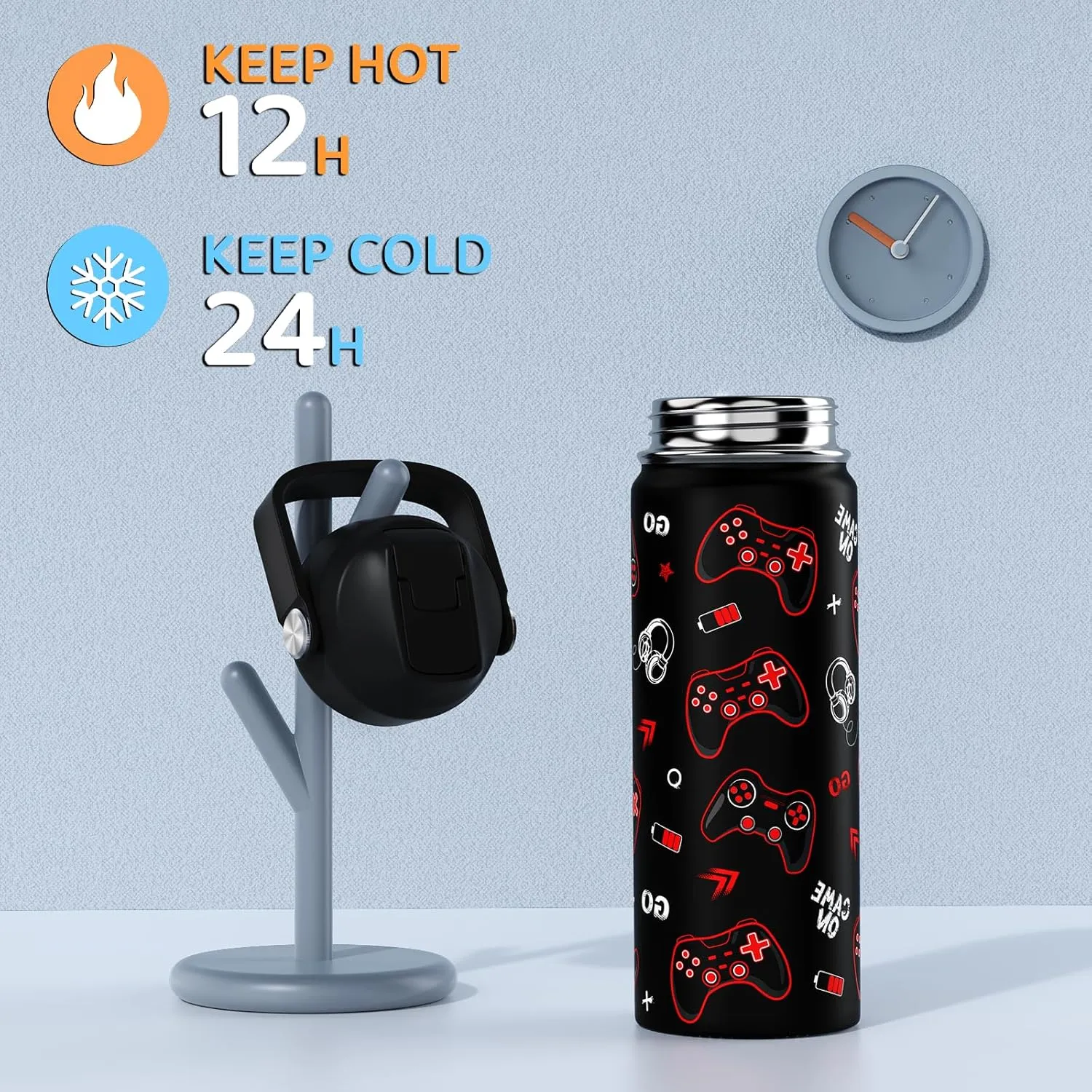 18oz Kids Insulated Water Bottle with Straw Lid - 18/8 Stainless Steel Kid Cup Travel Tumbler Double Wall Vacuum Leak Proof Portable Toddler Water Bottle (Luminous Game Blue Red）