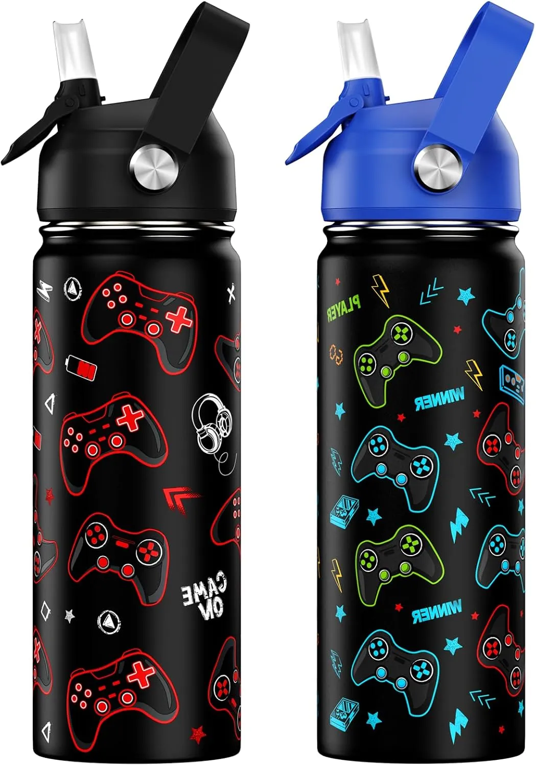 18oz Kids Insulated Water Bottle with Straw Lid - 18/8 Stainless Steel Kid Cup Travel Tumbler Double Wall Vacuum Leak Proof Portable Toddler Water Bottle (Luminous Game Blue Red）