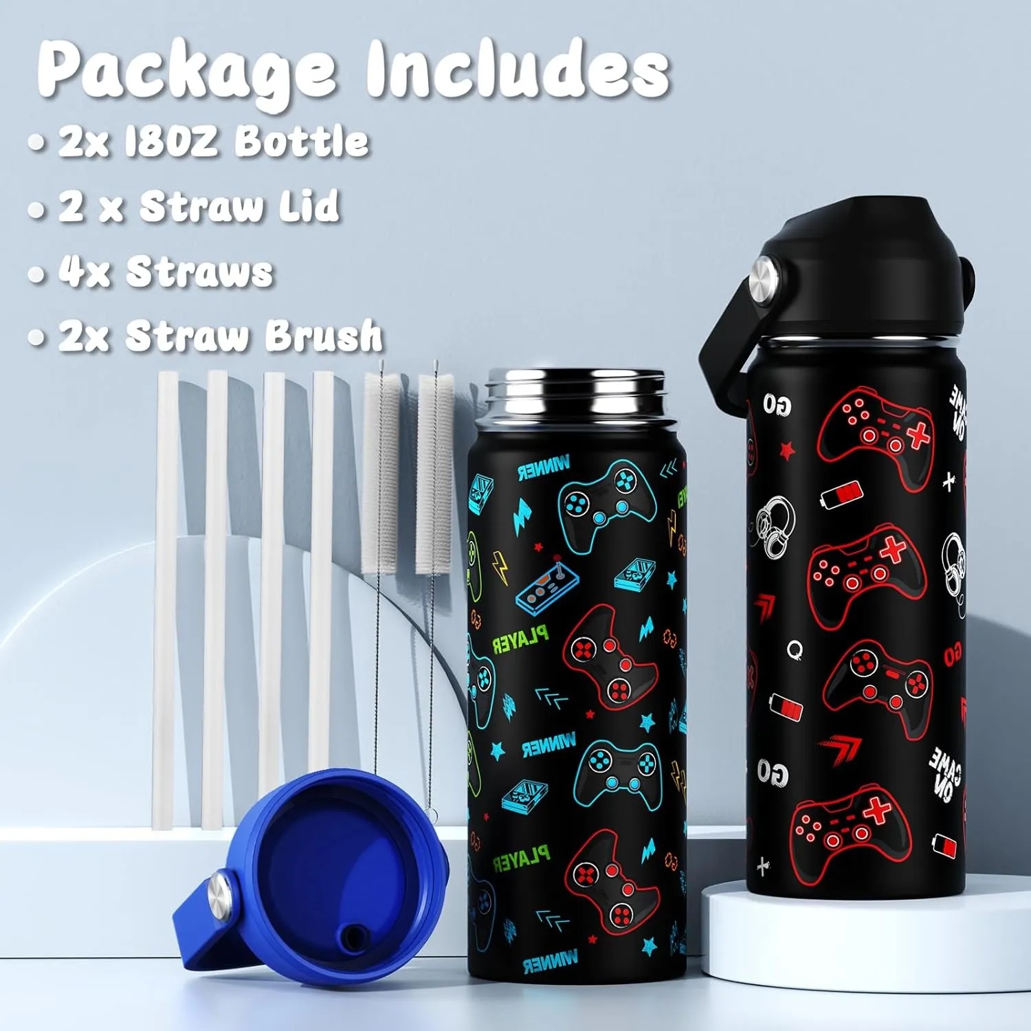 18oz Kids Insulated Water Bottle with Straw Lid - 18/8 Stainless Steel Kid Cup Travel Tumbler Double Wall Vacuum Leak Proof Portable Toddler Water Bottle (Luminous Game Blue Red）