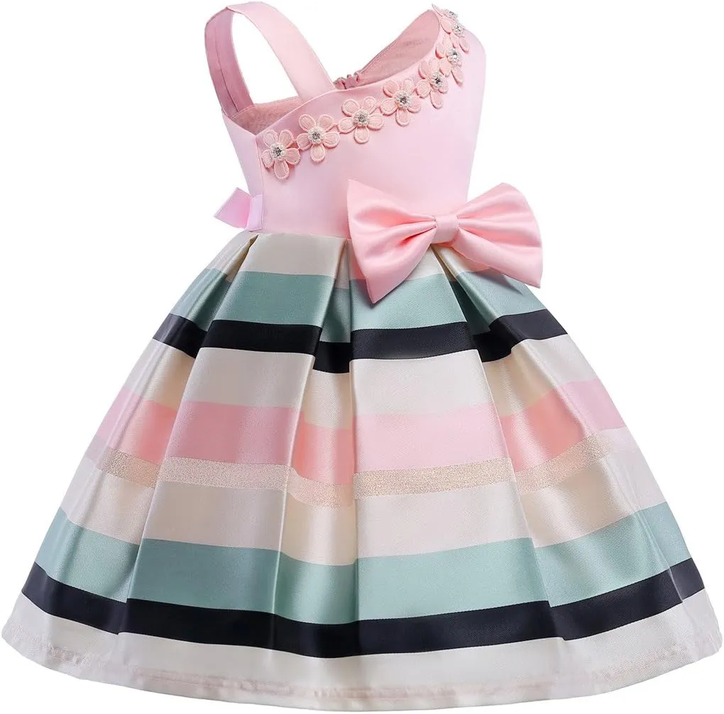 2-9T Flower Girls Floral Dresses Toddler Pageant Striped Dress