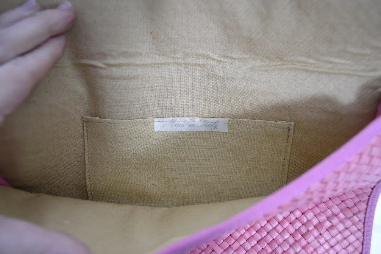 2 NEW 1970s Vintage Handbags Italy Pink Blue Woven Straw Clutch or Shoulder Bag