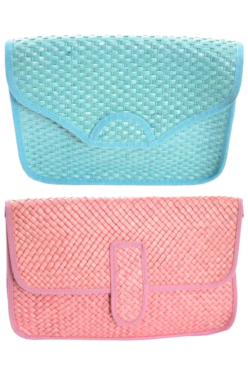 2 NEW 1970s Vintage Handbags Italy Pink Blue Woven Straw Clutch or Shoulder Bag