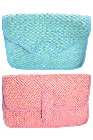 2 NEW 1970s Vintage Handbags Italy Pink Blue Woven Straw Clutch or Shoulder Bag
