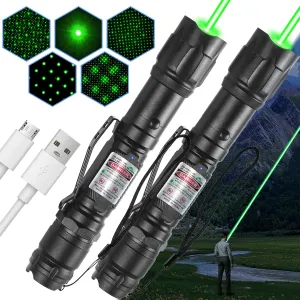 [2 Packs] LETEAPII Green Light Flashlight Rechargeable, Long Range Adjustable Focus Tactical Beam for Outdoor Journeys, Camping, Presentations, TV/LED/LCD Screens, and Stargazing