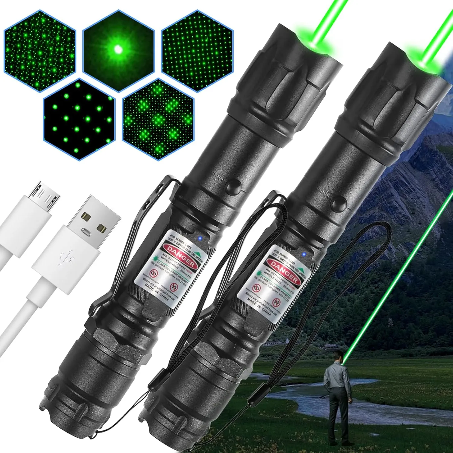 [2 Packs] LETEAPII Green Light Flashlight Rechargeable, Long Range Adjustable Focus Tactical Beam for Outdoor Journeys, Camping, Presentations, TV/LED/LCD Screens, and Stargazing