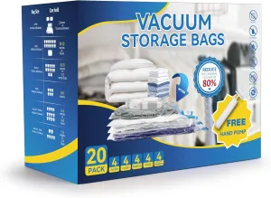 20 Pack Vacuum Storage Bags (4 Jumbo/4 Large/4 Medium/4 Small/4 Roll M) Space Saver Bags, Vacuum Seal Bags with Hand Pump for Comforters, Blankets, Bedding, Pillows and Clothes