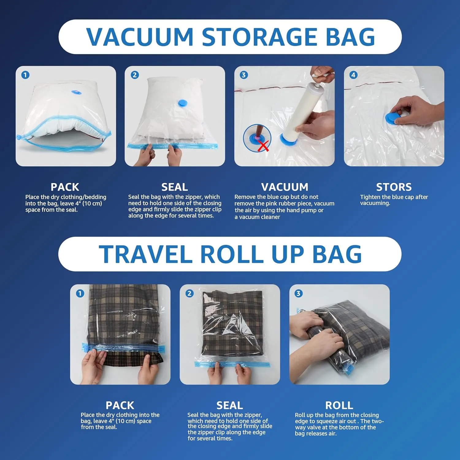 20 Pack Vacuum Storage Bags (4 Jumbo/4 Large/4 Medium/4 Small/4 Roll M) Space Saver Bags, Vacuum Seal Bags with Hand Pump for Comforters, Blankets, Bedding, Pillows and Clothes