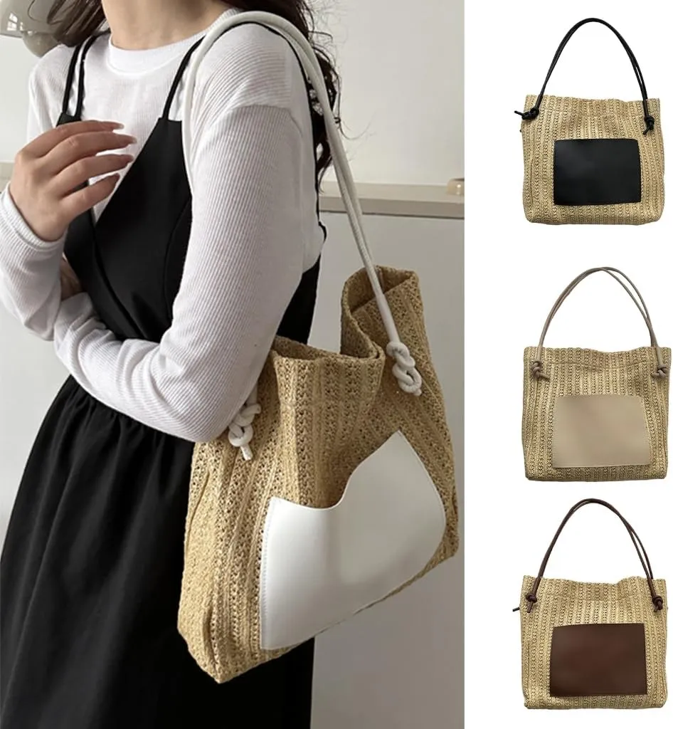 2024 Woven Bags Fashion Straw Weave Bucket Bags Large Capacity Bag Casual Handbag Shoulder Bag for Women Girl