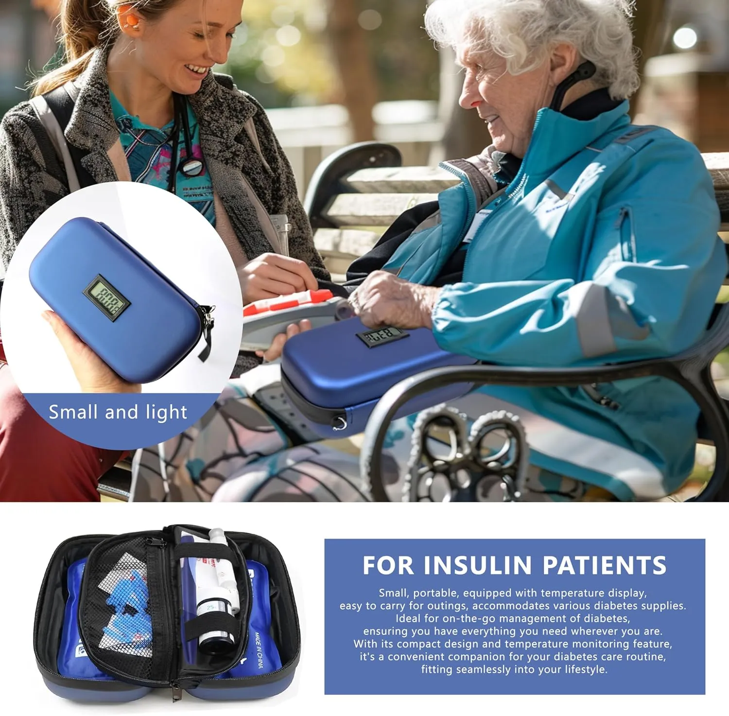 24-Hour Insulin Cooler Travel Case TSA Approved Medication Diabetic Cooler for Daily Life Trip with Thermometer Temperature Display Refrigerated Medicine Organizer Bag Includes 2 Ice Packs(Blue)