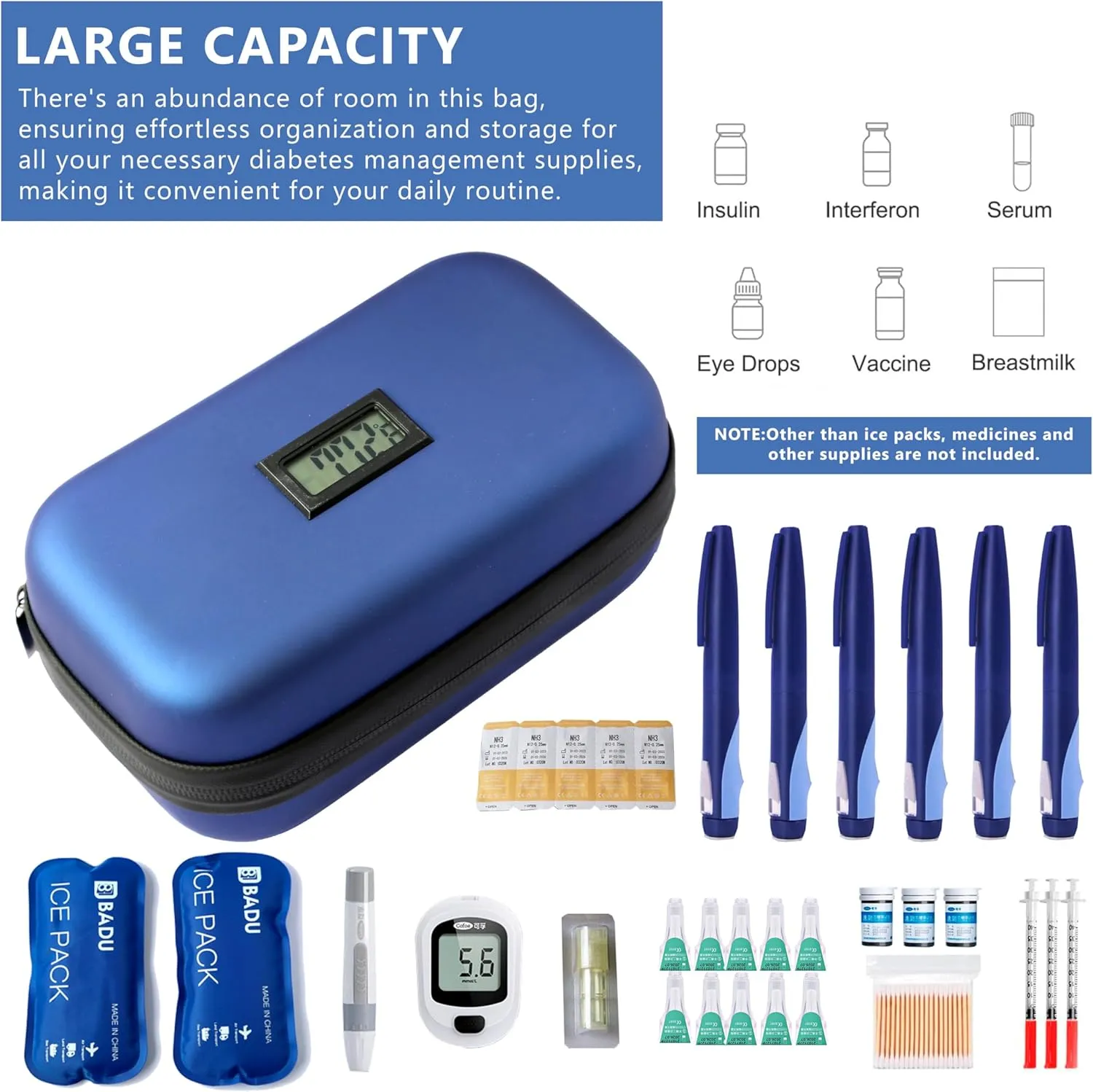 24-Hour Insulin Cooler Travel Case TSA Approved Medication Diabetic Cooler for Daily Life Trip with Thermometer Temperature Display Refrigerated Medicine Organizer Bag Includes 2 Ice Packs(Blue)