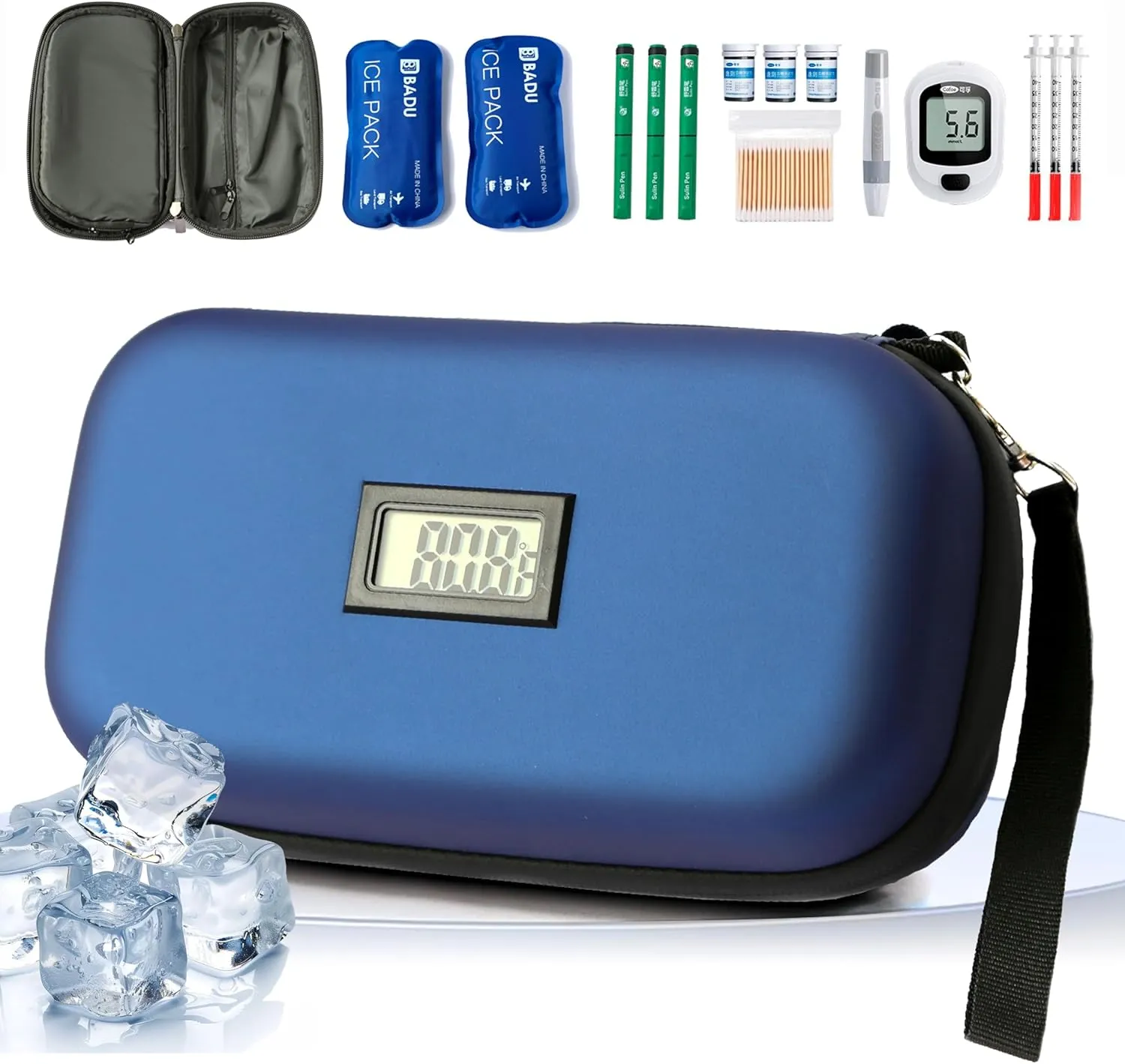 24-Hour Insulin Cooler Travel Case TSA Approved Medication Diabetic Cooler for Daily Life Trip with Thermometer Temperature Display Refrigerated Medicine Organizer Bag Includes 2 Ice Packs(Blue)