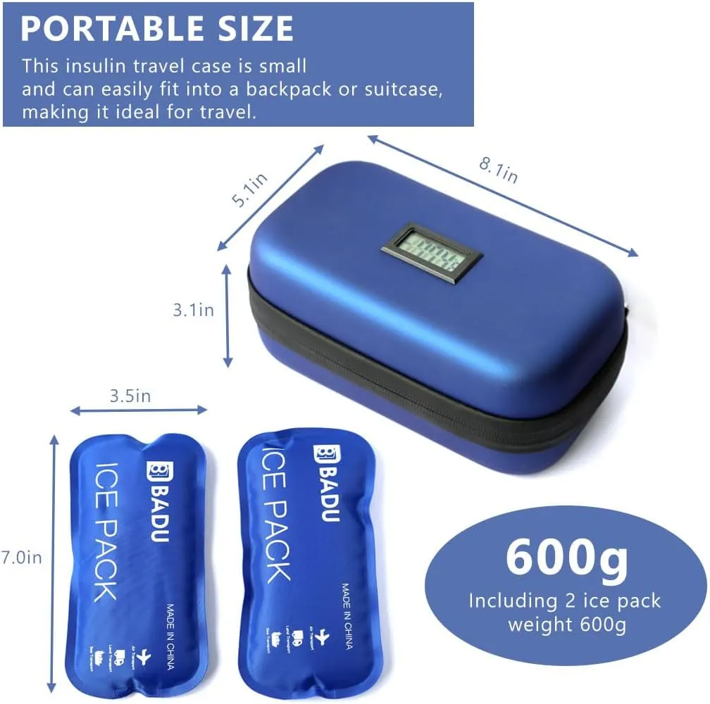 24-Hour Insulin Cooler Travel Case TSA Approved Medication Diabetic Cooler for Daily Life Trip with Thermometer Temperature Display Refrigerated Medicine Organizer Bag Includes 2 Ice Packs(Blue)
