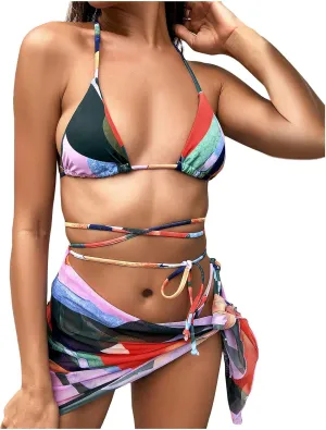 3 Piece Swimsuits for Women Halter Tie Side Cover Up Bikini Beachwear Skirt Thong Bathing Suit Sexy Triangl Swimwear Pink