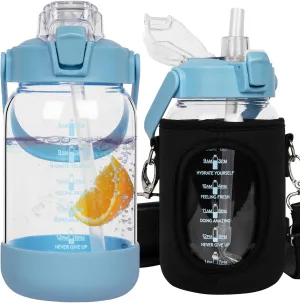 32 oz Glass Water Bottle with Straw and Time Marker, Large Motivational Borosilicate Glass Drinking Bottle with Silicone Boot and Sleeve