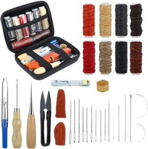 32-Piece Leather Sewing Tool Kit with Grooving Awl, Waxed Threads, Needles, Prong Punch for DIY Crafting