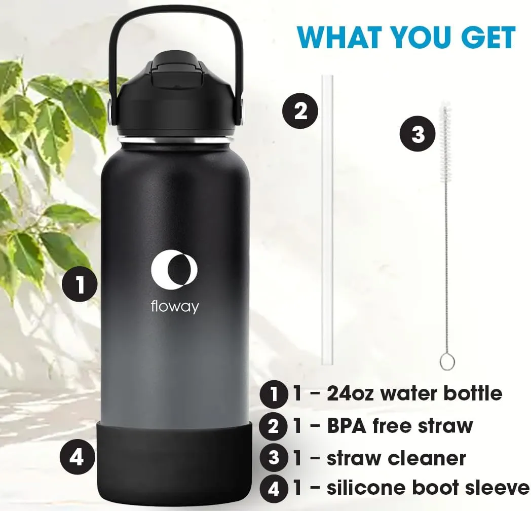 32oz Stainless Steel Vacuum Insulated Water Bottle with Straw Lid and Cleaning Brush, BPA Free, Leakproof, Temp Control, for Hot and Cold Drinks (Midnight, 32oz)