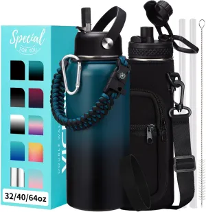 32oz/40oz/64oz Insulated Water Bottles - with Straw & Flip Auto Lid, Stainless Steel Water Bottle Shoulder Carrier Bag, Silicone Boot, BPA-Free Metal Water Bottle with Handle Paracord