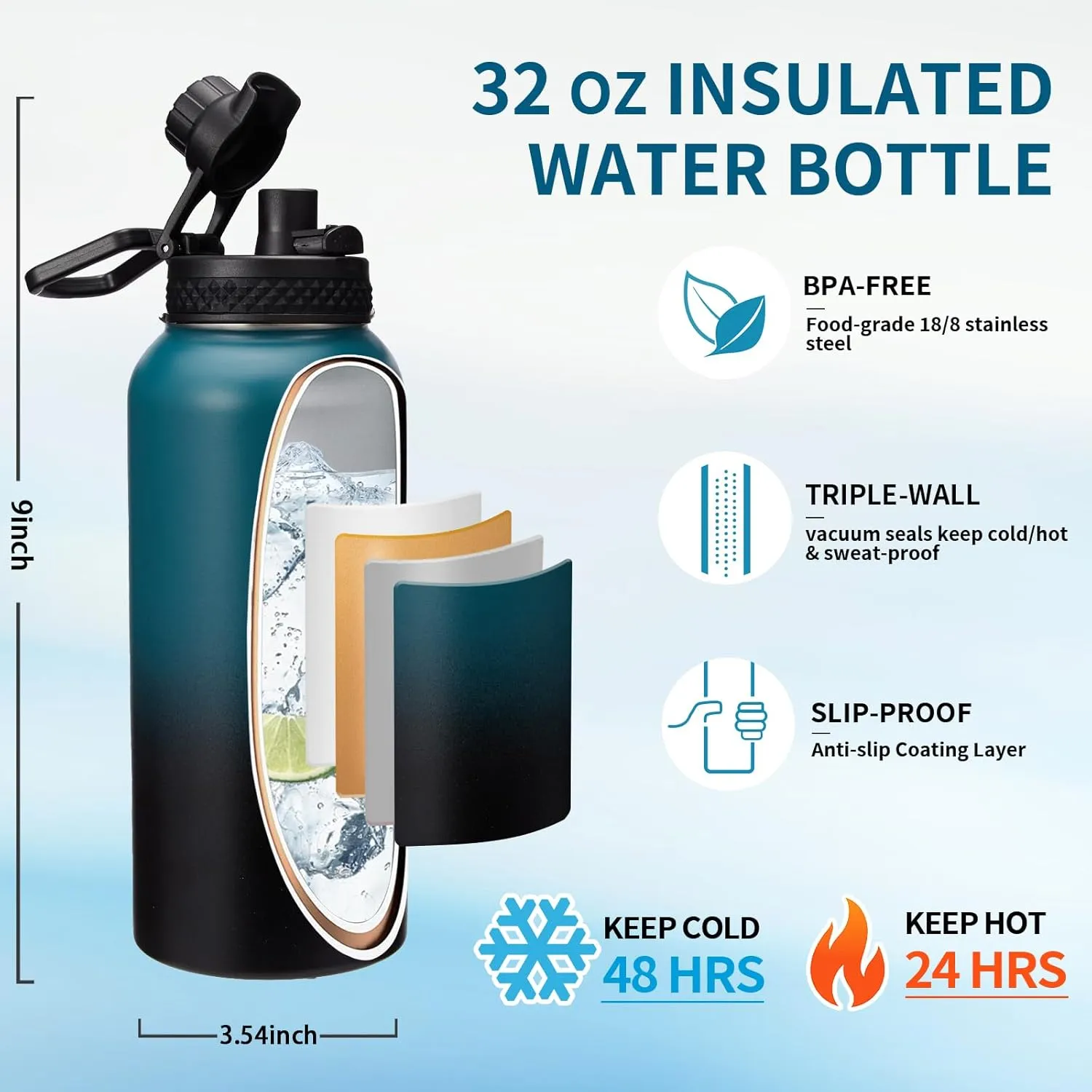32oz/40oz/64oz Insulated Water Bottles - with Straw & Flip Auto Lid, Stainless Steel Water Bottle Shoulder Carrier Bag, Silicone Boot, BPA-Free Metal Water Bottle with Handle Paracord