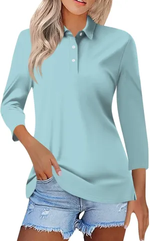 3/4 Sleeve Work Polo Shirts for Women 2024 Fall V-Neck Button-Down Pullover Top Casual Slim Fit Athletic Golf T Shirt
