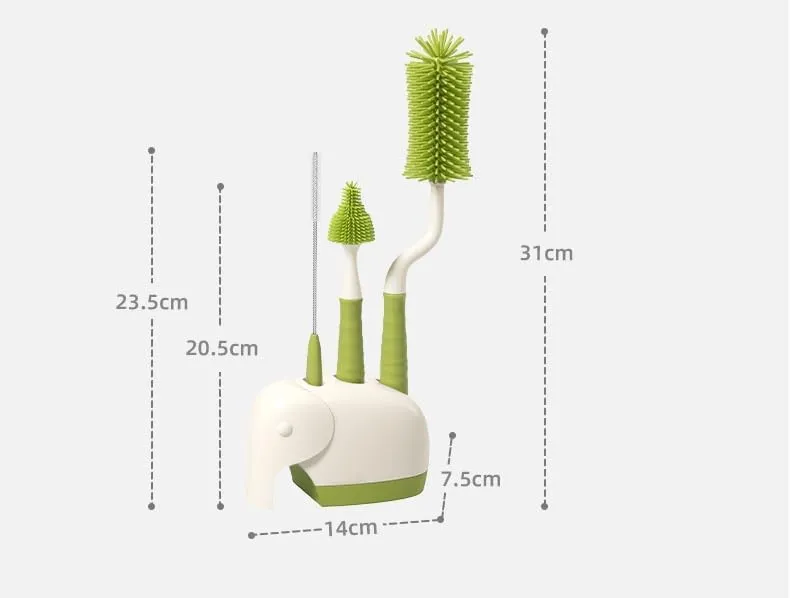360° Rotating Silicone Bottle Cleaning Brush Set, Includes Baby Bottle Brush, Nipple Cleaner, Straw Brush and Drying Stand. (Green)