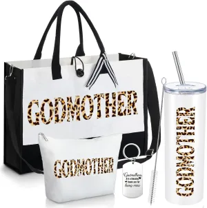 4 Pcs Godmother Gifts Set Godmother Tote Bag,20 oz Tumbler,Makeup Bag and Keychain for Mothers Day Birthday Gifts