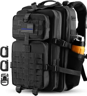 45L MOLLE Assault Backpack, Tactical Backpack Military Army Camping Rucksack with Bottle Holder, 3-Day Pack Trip w/USA Flag Patch, D-Rings, Black