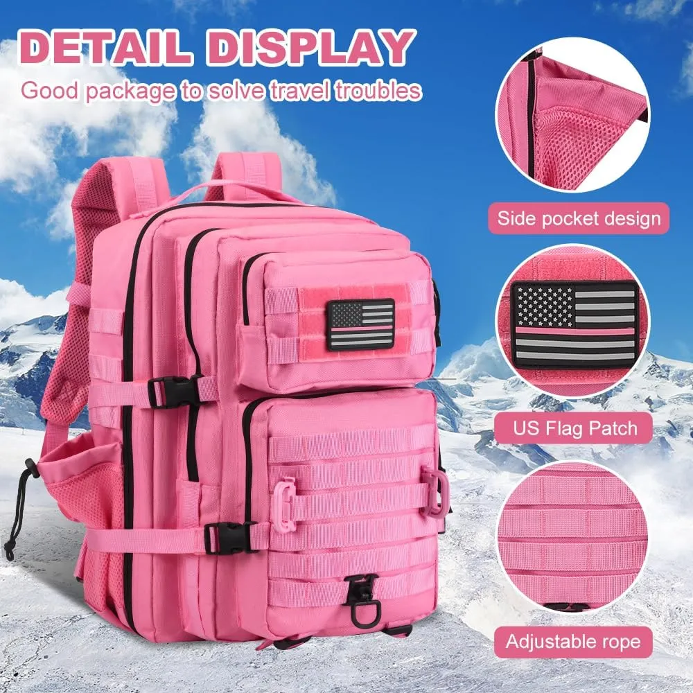 45L MOLLE Assault Backpack, Tactical Backpack Military Army Camping Rucksack with Bottle Holder, 3-Day Pack Trip w/USA Flag Patch, D-Rings, Pink