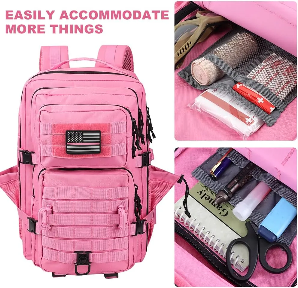 45L MOLLE Assault Backpack, Tactical Backpack Military Army Camping Rucksack with Bottle Holder, 3-Day Pack Trip w/USA Flag Patch, D-Rings, Pink