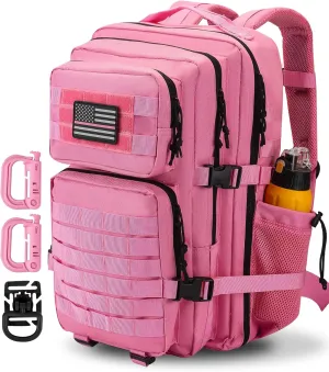 45L MOLLE Assault Backpack, Tactical Backpack Military Army Camping Rucksack with Bottle Holder, 3-Day Pack Trip w/USA Flag Patch, D-Rings, Pink
