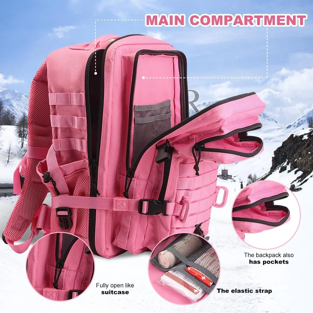 45L MOLLE Assault Backpack, Tactical Backpack Military Army Camping Rucksack with Bottle Holder, 3-Day Pack Trip w/USA Flag Patch, D-Rings, Pink