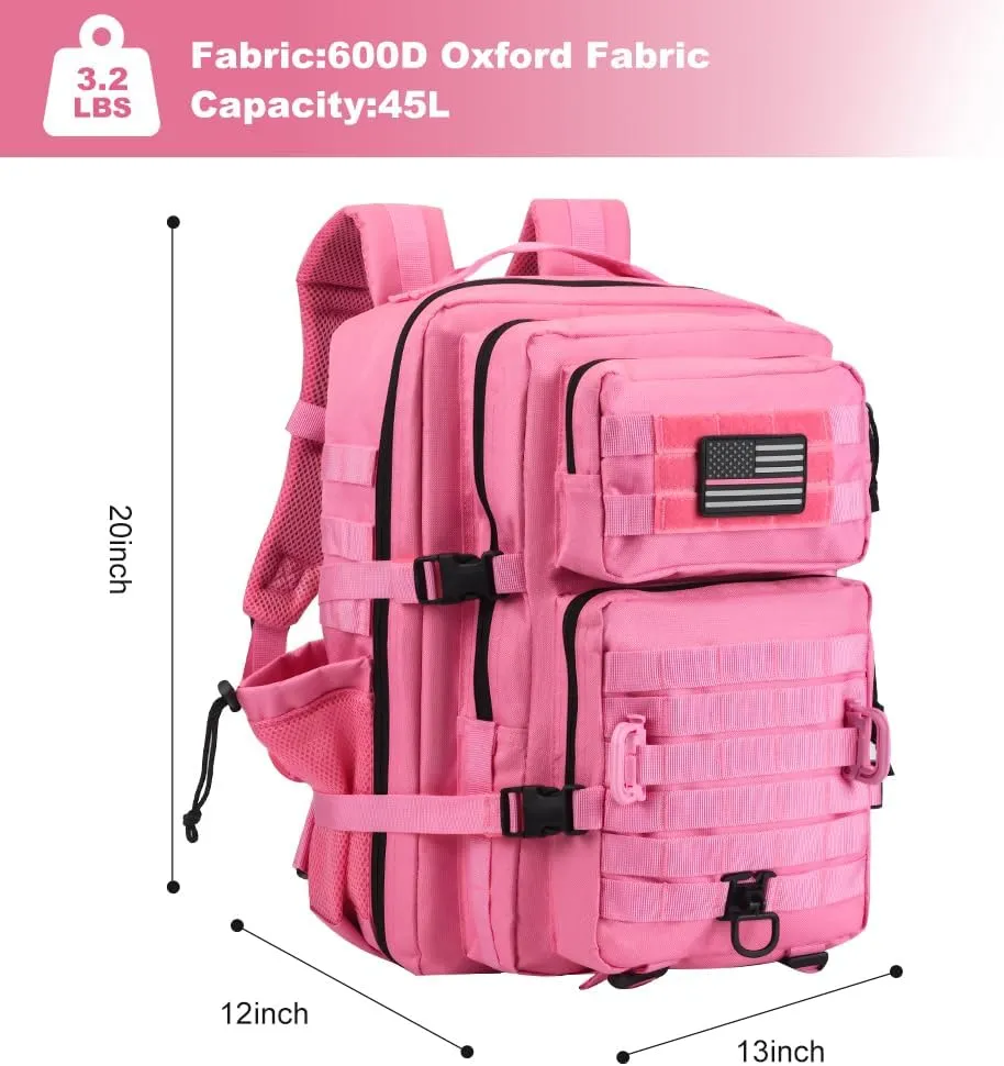 45L MOLLE Assault Backpack, Tactical Backpack Military Army Camping Rucksack with Bottle Holder, 3-Day Pack Trip w/USA Flag Patch, D-Rings, Pink