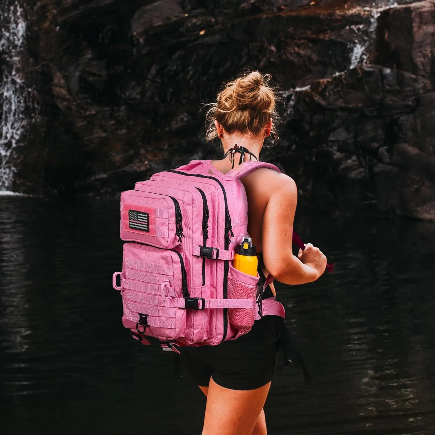 45L MOLLE Assault Backpack, Tactical Backpack Military Army Camping Rucksack with Bottle Holder, 3-Day Pack Trip w/USA Flag Patch, D-Rings, Pink