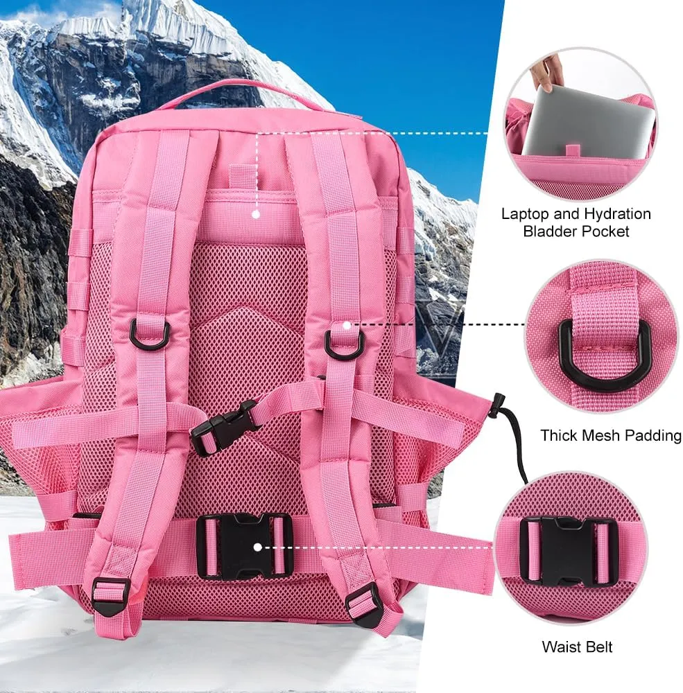 45L MOLLE Assault Backpack, Tactical Backpack Military Army Camping Rucksack with Bottle Holder, 3-Day Pack Trip w/USA Flag Patch, D-Rings, Pink