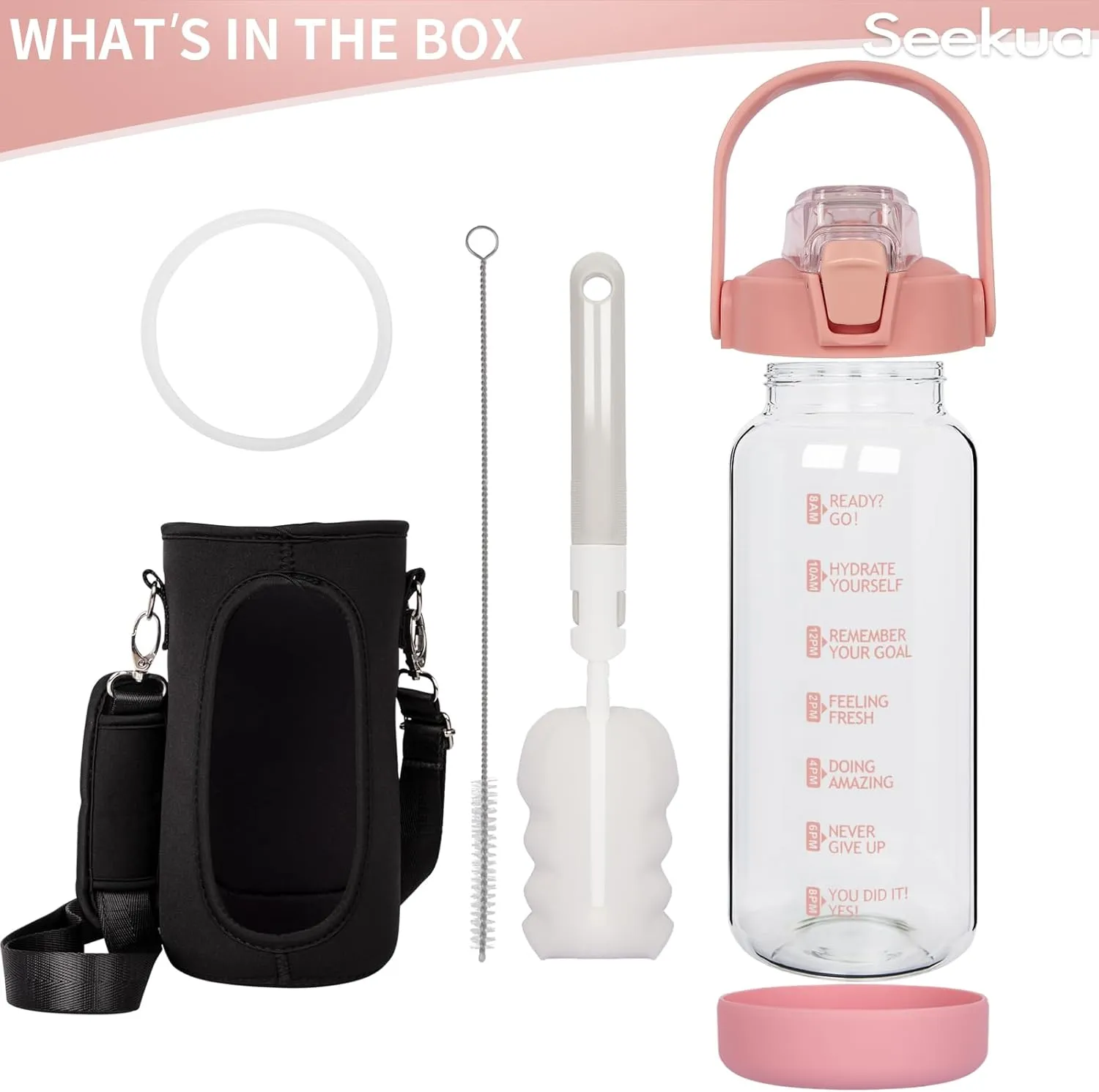 48 oz Glass Water Bottle with Straw and Time Marker, Large Motivational Borosilicate Glass Drinking Bottle with Silicone Boot and Sleeve
