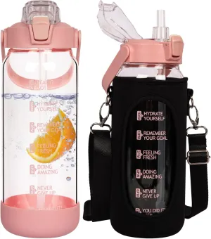48 oz Glass Water Bottle with Straw and Time Marker, Large Motivational Borosilicate Glass Drinking Bottle with Silicone Boot and Sleeve