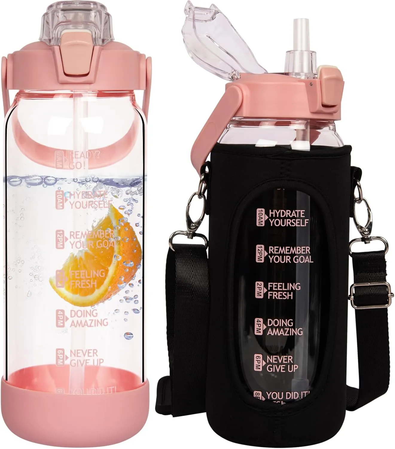 48 oz Glass Water Bottle with Straw and Time Marker, Large Motivational Borosilicate Glass Drinking Bottle with Silicone Boot and Sleeve
