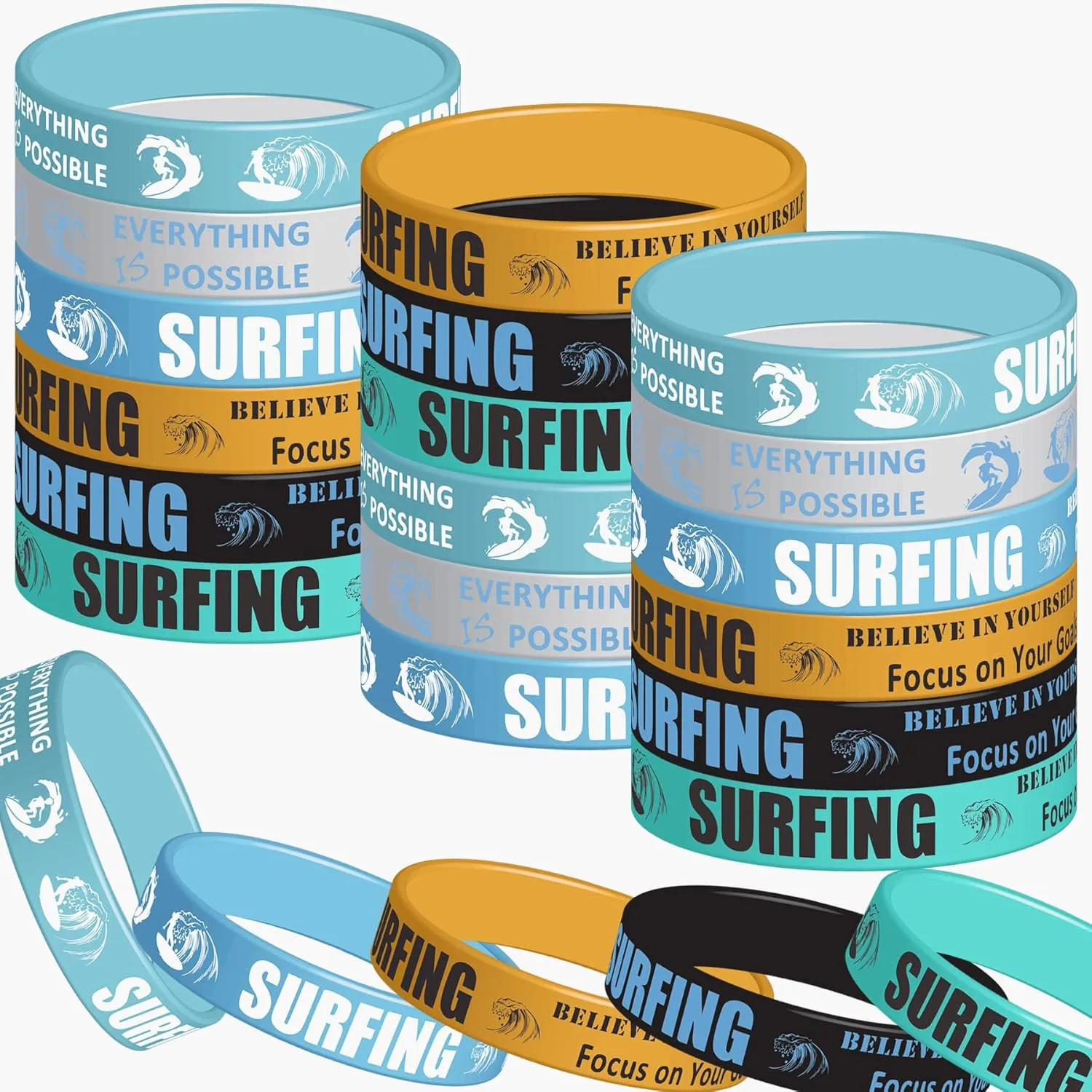 48PCS Surfs Up Party Rubber Bracelets, Summer Surf Themed Birthday Party Supplies Decorations Surf's Up Gifts Prize Goodie Bag Favors Surfing Silicone Wristbands