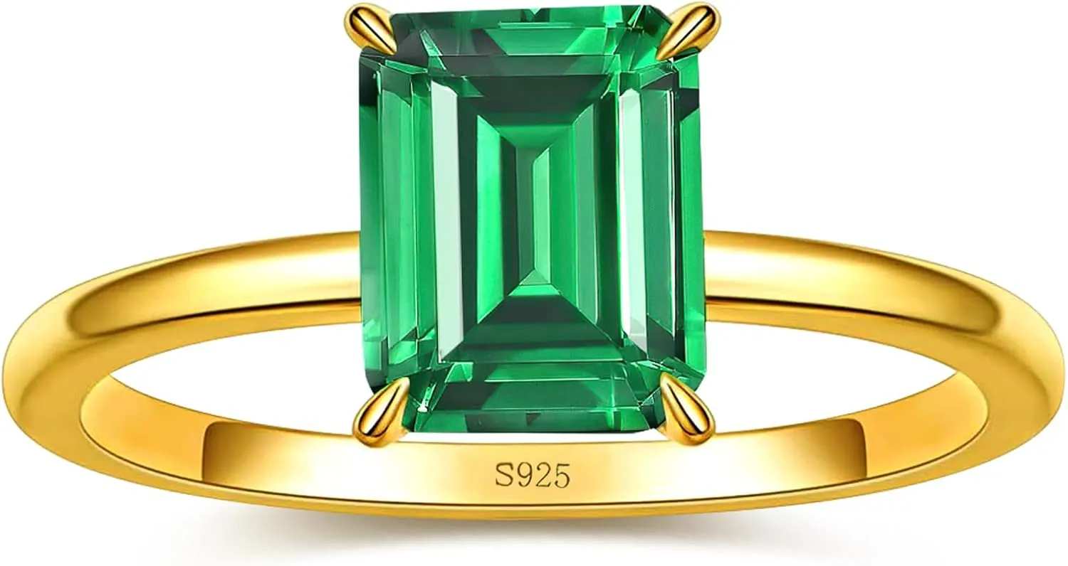 4ct 925 Sterling Silver Emerald-Cut Engagement Ring Simulated Emerald Solitaire Cubic Zirconia Wedding Ring Customizable Birthstone Rings for Mothers Valentines Thanksgiving Day Size 5-10