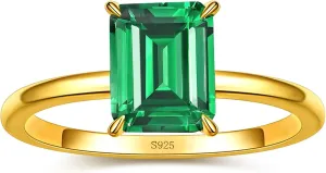 4ct 925 Sterling Silver Emerald-Cut Engagement Ring Simulated Emerald Solitaire Cubic Zirconia Wedding Ring Customizable Birthstone Rings for Mothers Valentines Thanksgiving Day Size 5-10