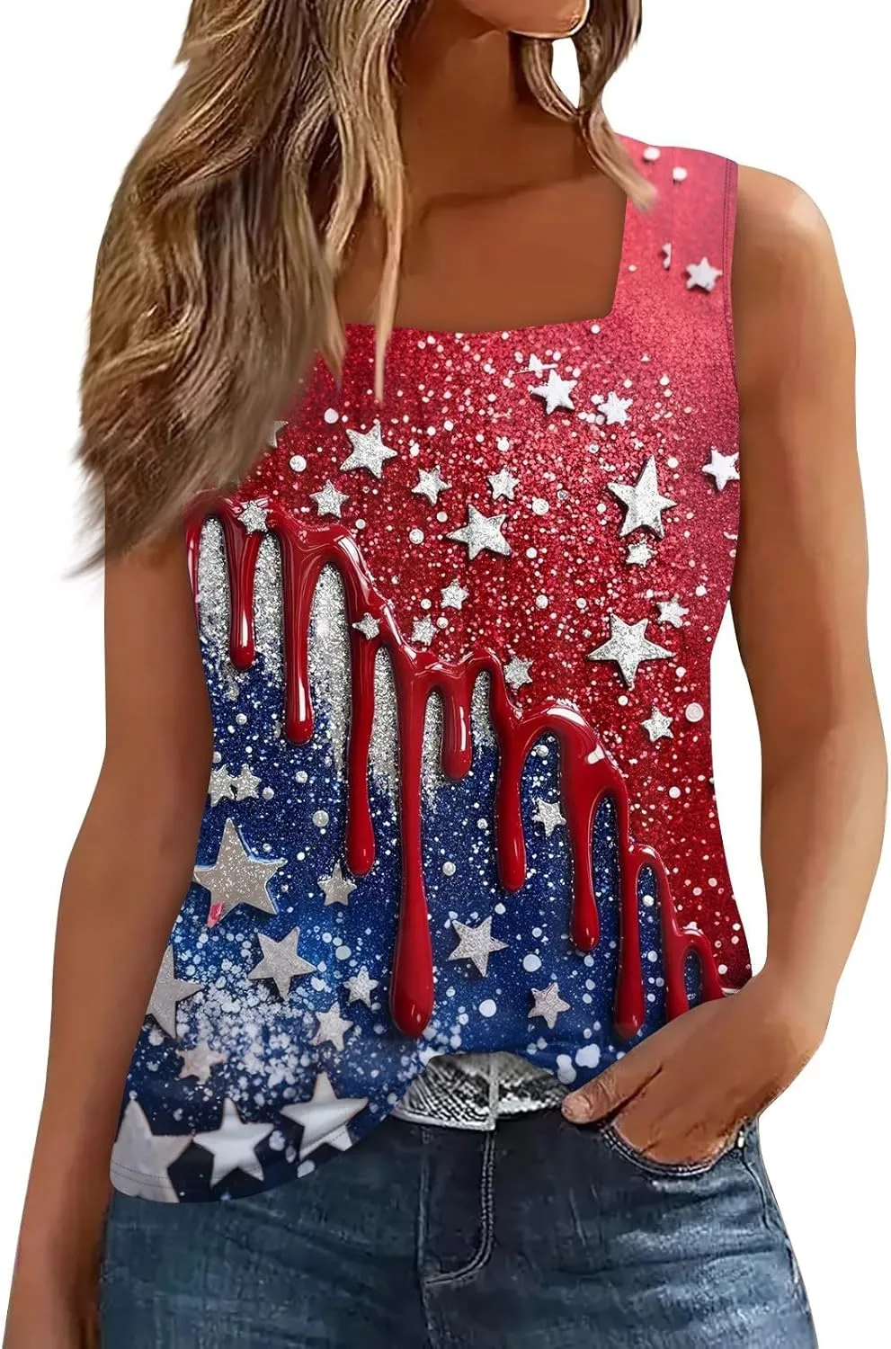 4Th of July Shirts Women Independence Day Square Neck Tank Top Sleeveless USA Flag Tees Red White and Blue Outfits