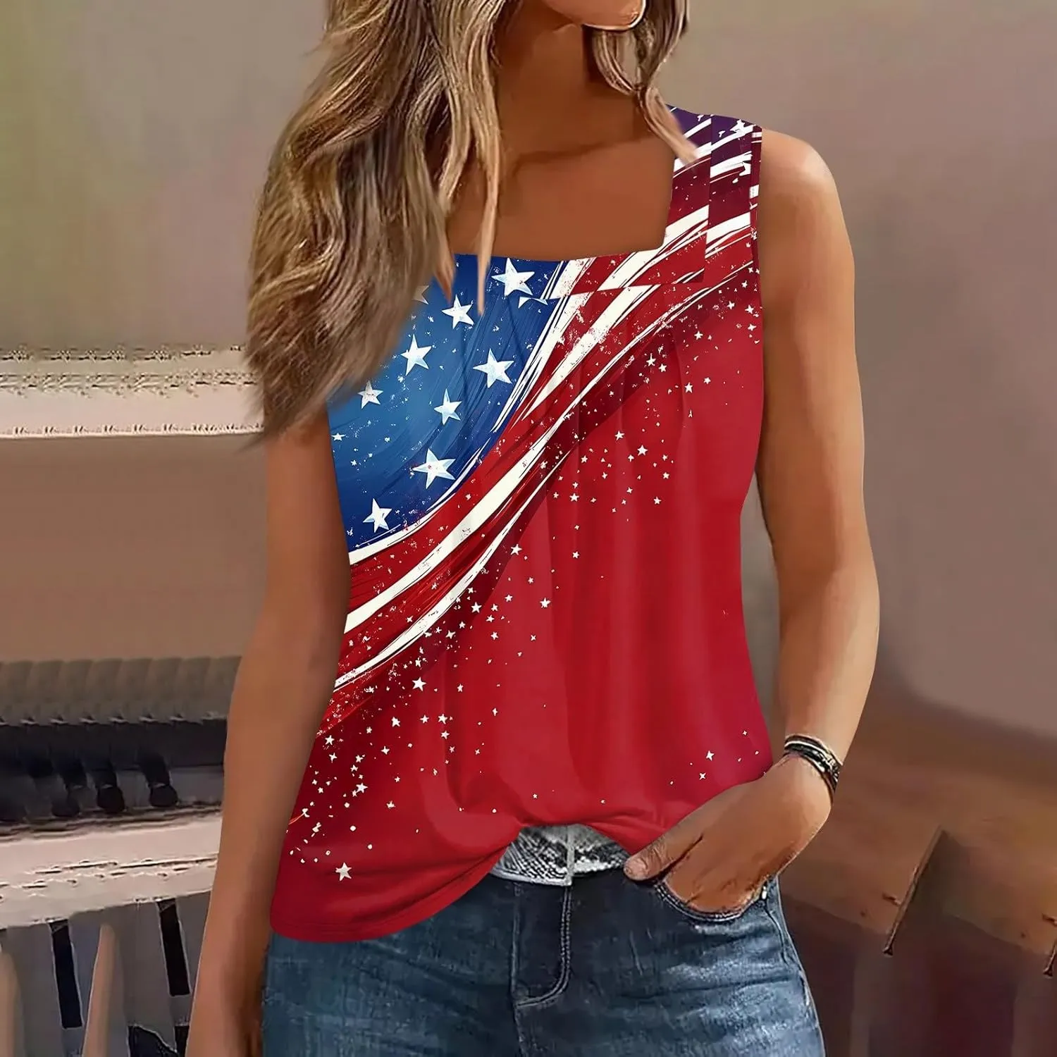 4Th of July Shirts Women Independence Day Square Neck Tank Top Sleeveless USA Flag Tees Red White and Blue Outfits