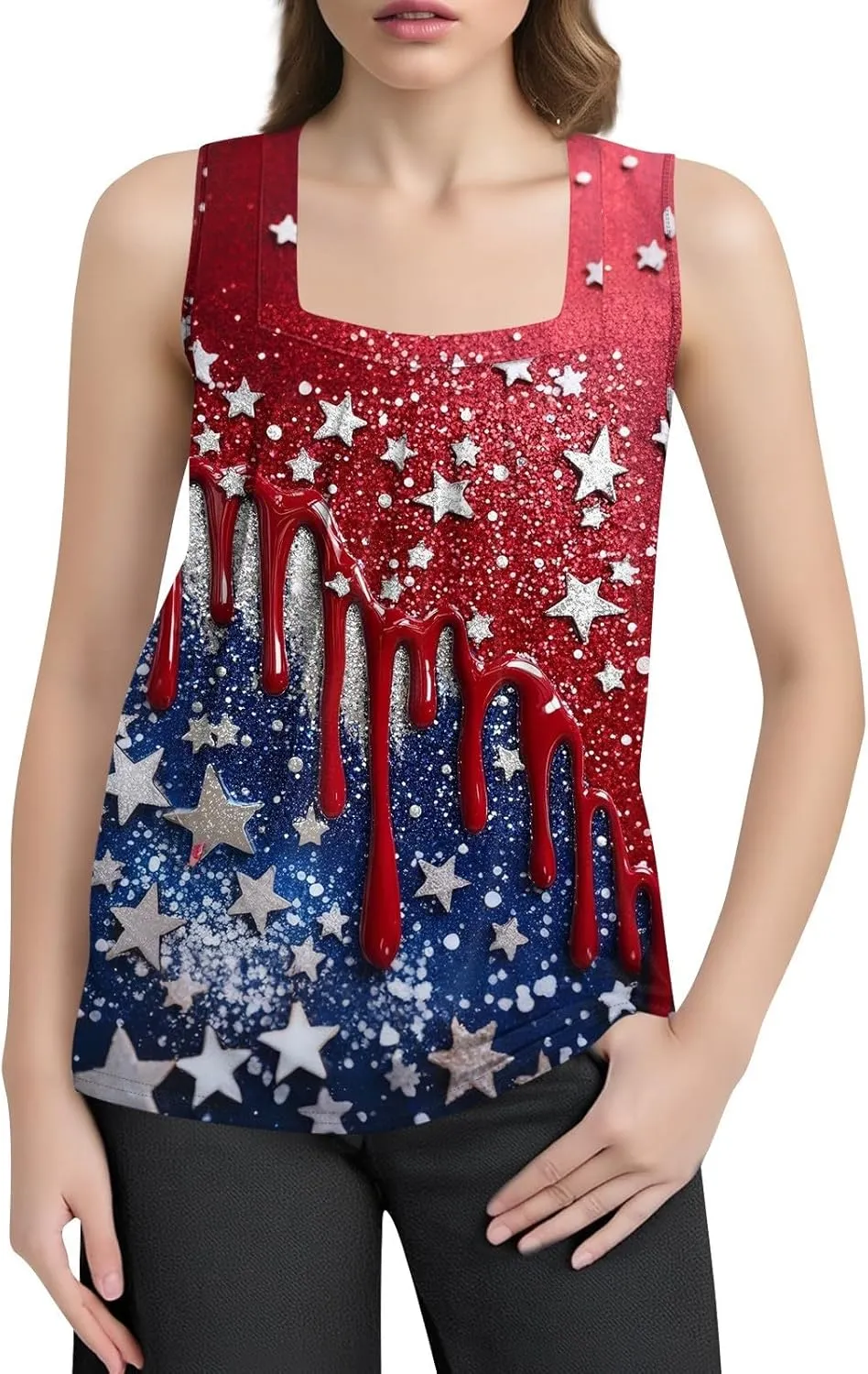 4Th of July Shirts Women Independence Day Square Neck Tank Top Sleeveless USA Flag Tees Red White and Blue Outfits