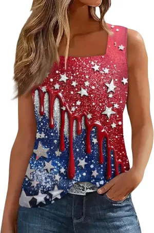 4Th of July Shirts Women Independence Day Square Neck Tank Top Sleeveless USA Flag Tees Red White and Blue Outfits