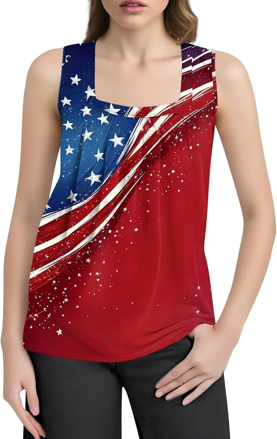 4Th of July Shirts Women Independence Day Square Neck Tank Top Sleeveless USA Flag Tees Red White and Blue Outfits