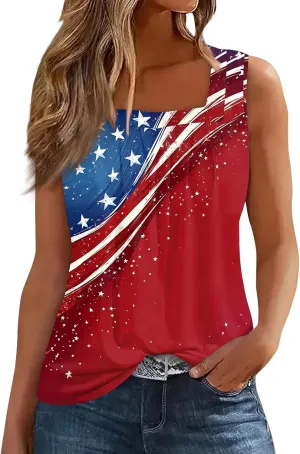 4Th of July Shirts Women Independence Day Square Neck Tank Top Sleeveless USA Flag Tees Red White and Blue Outfits