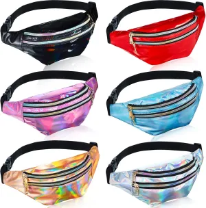 6 Pieces Holographic Fanny Pack Shiny Waist Bag with Pouches and Adjustable Belt Waterproof Neon PU Waist Pack Waist Bag for Traveling Running Partying (Holographic Style)