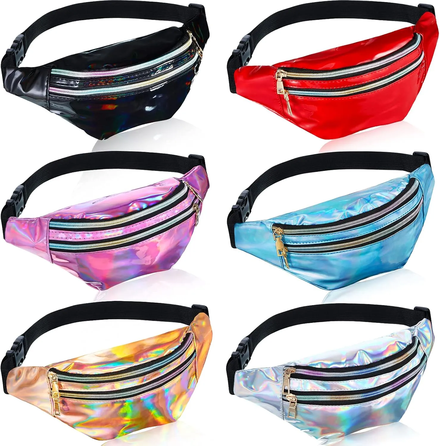 6 Pieces Holographic Fanny Pack Shiny Waist Bag with Pouches and Adjustable Belt Waterproof Neon PU Waist Pack Waist Bag for Traveling Running Partying (Holographic Style)
