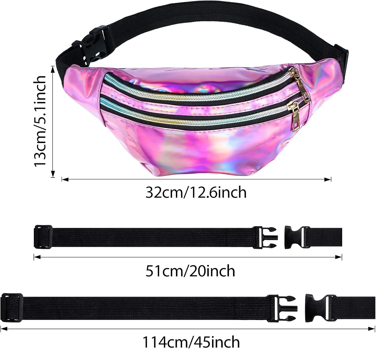 6 Pieces Holographic Fanny Pack Shiny Waist Bag with Pouches and Adjustable Belt Waterproof Neon PU Waist Pack Waist Bag for Traveling Running Partying (Holographic Style)
