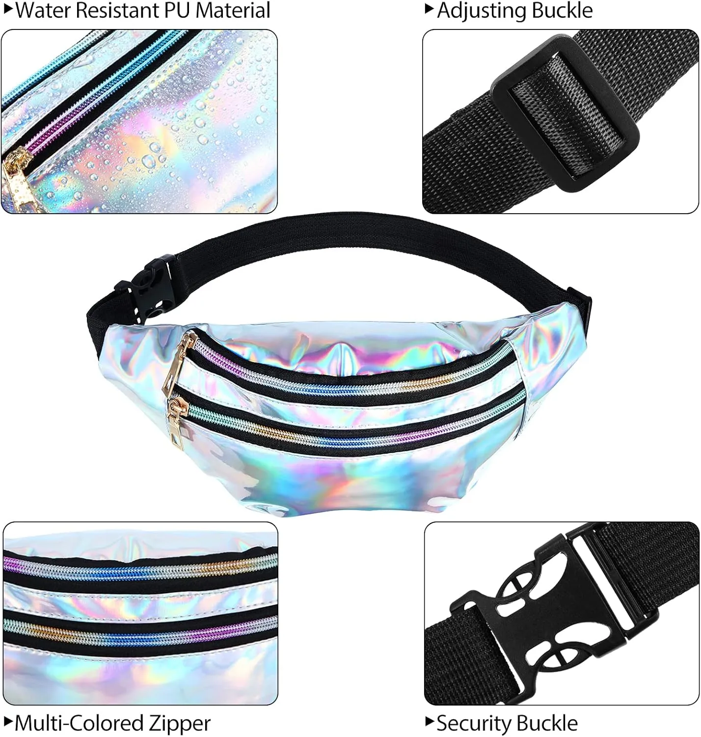 6 Pieces Holographic Fanny Pack Shiny Waist Bag with Pouches and Adjustable Belt Waterproof Neon PU Waist Pack Waist Bag for Traveling Running Partying (Holographic Style)