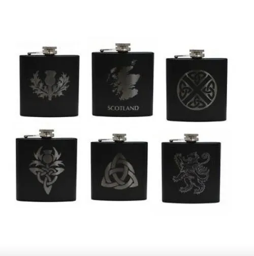6oz Matt Black Hip Flask in 9 Designs